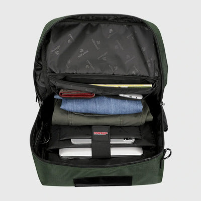 Army green 40L carry on backpack with spacious main compartment for travel essentials