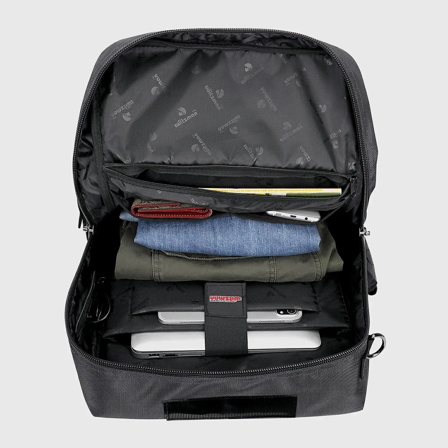 Silvery grey 40L carry on backpack with spacious main compartment for organized packing