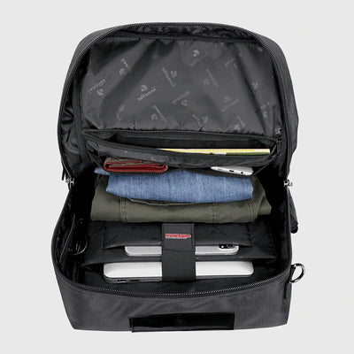Silvery grey 40L carry on backpack with spacious main compartment for organized packing
