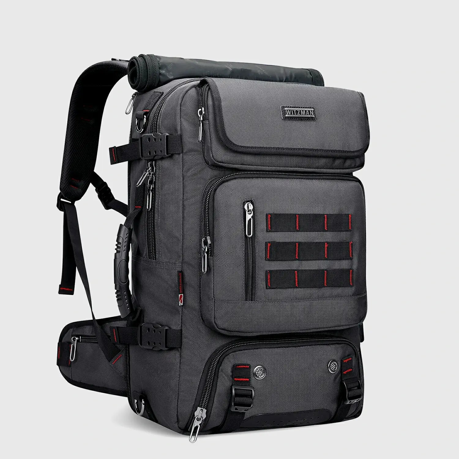 Silvery grey multifunctional travel backpack shown from the front three-quarter angle