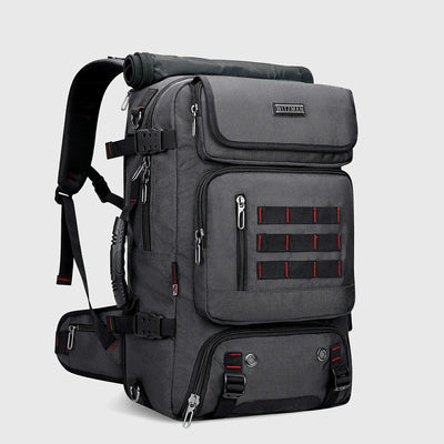 Silvery grey multifunctional travel backpack shown from the front three-quarter angle