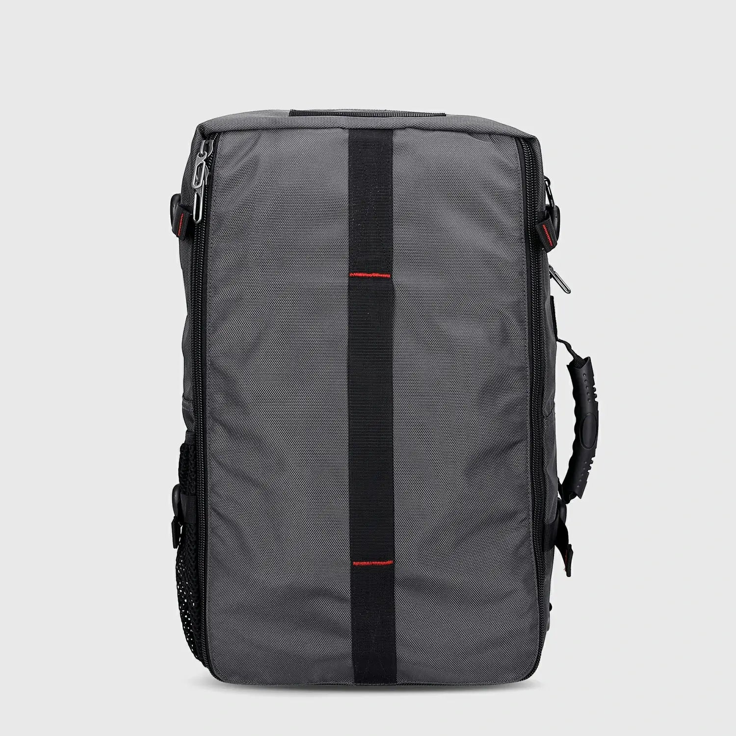 Back view of silvery grey travel backpack with breathable padding and adjustable support straps