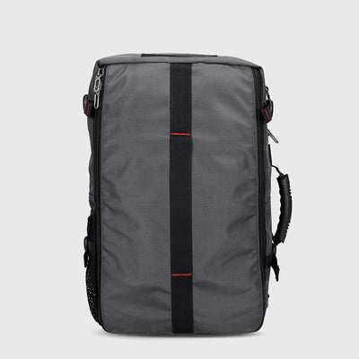Back view of silvery grey travel backpack with breathable padding and adjustable support straps