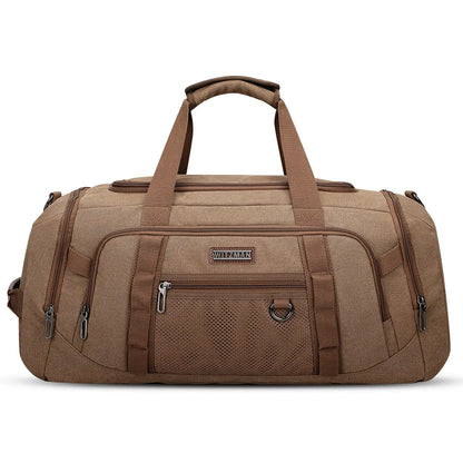 40L canvas duffel bag for men, 3-in-1 convertible to backpack with shoe compartment and wet/dry pocket, perfect for travel and weekend trips brown