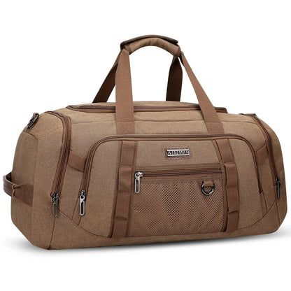 40L canvas duffel bag for men, 3-in-1 convertible to backpack with shoe compartment and wet/dry pocket, perfect for travel and weekend trips brown