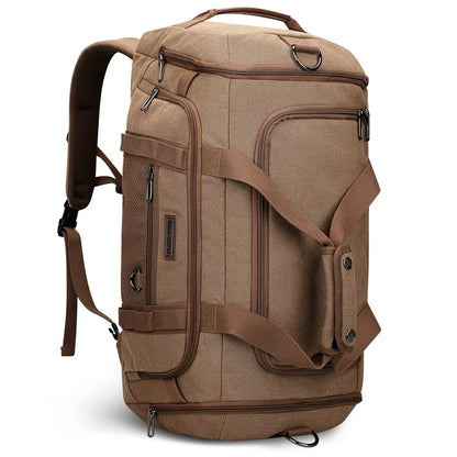 40L canvas duffel bag for men, 3-in-1 convertible to backpack with shoe compartment and wet/dry pocket, perfect for travel and weekend trips brown
