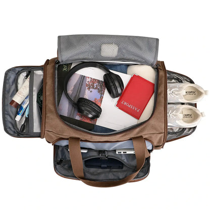 40L canvas duffel bag for men, 3-in-1 convertible to backpack with shoe compartment and wet/dry pocket, perfect for travel and weekend trips brown