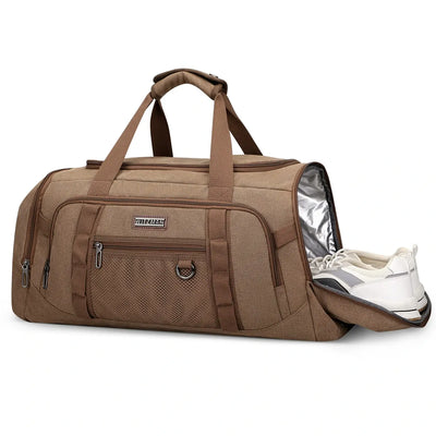 40L canvas duffel bag for men, 3-in-1 convertible to backpack with shoe compartment and wet/dry pocket, perfect for travel and weekend trips brown