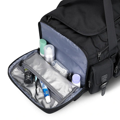 WITZMAN 54L black travel duffel bag for men with shoe compartment and wet-dry pocket