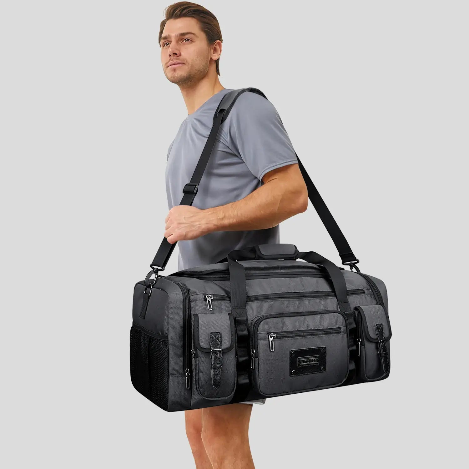 WITZMAN 54L silvery grey travel duffel bag for men with shoe compartment and wet-dry pocket shoulder strap