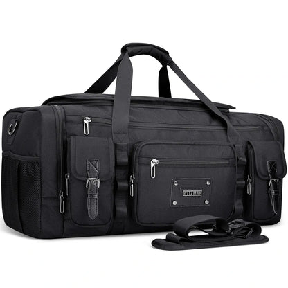 WITZMAN 54L black travel duffel bag for men with shoe compartment and wet-dry pocket