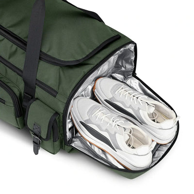 WITZMAN 54L army green travel duffel bag for men with shoe compartment and wet-dry pocket