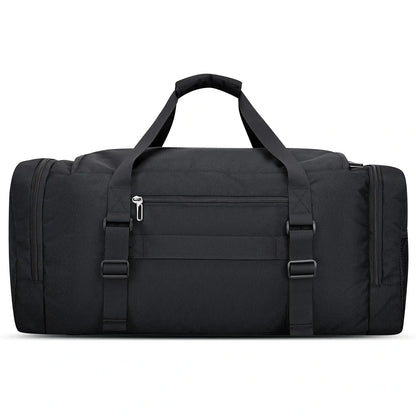 WITZMAN 54L black travel duffel bag for men with shoe compartment and wet-dry pocket back