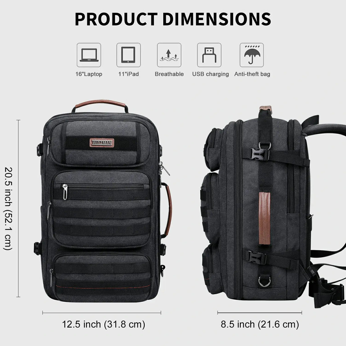 WITZMAN A8023 40L canvas travel backpack product view 21