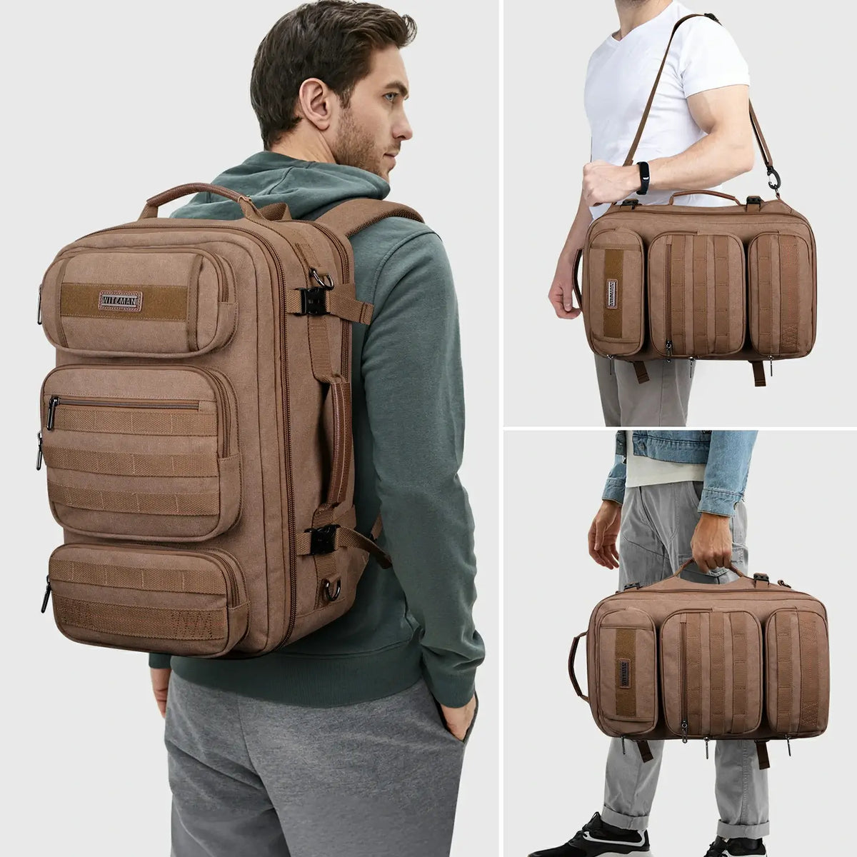 Convertible travel backpack with padded shoulder straps and compression buckles