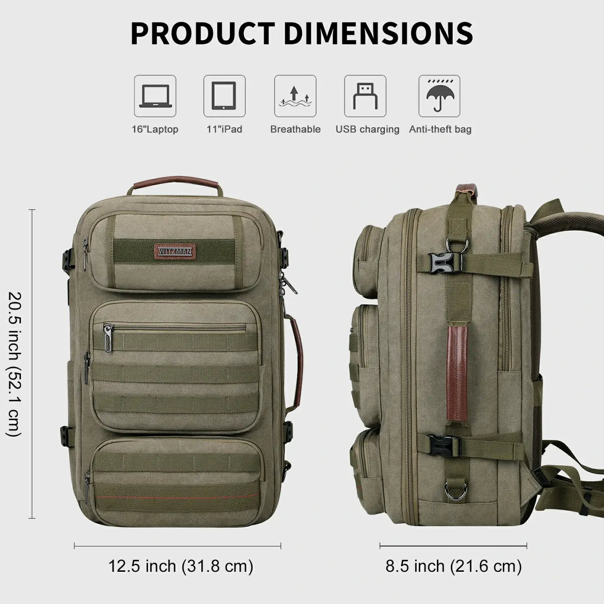 WITZMAN A8023 40L canvas travel backpack product view 32