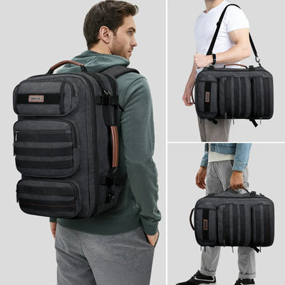 Convertible travel backpack with padded shoulder straps and compression buckles