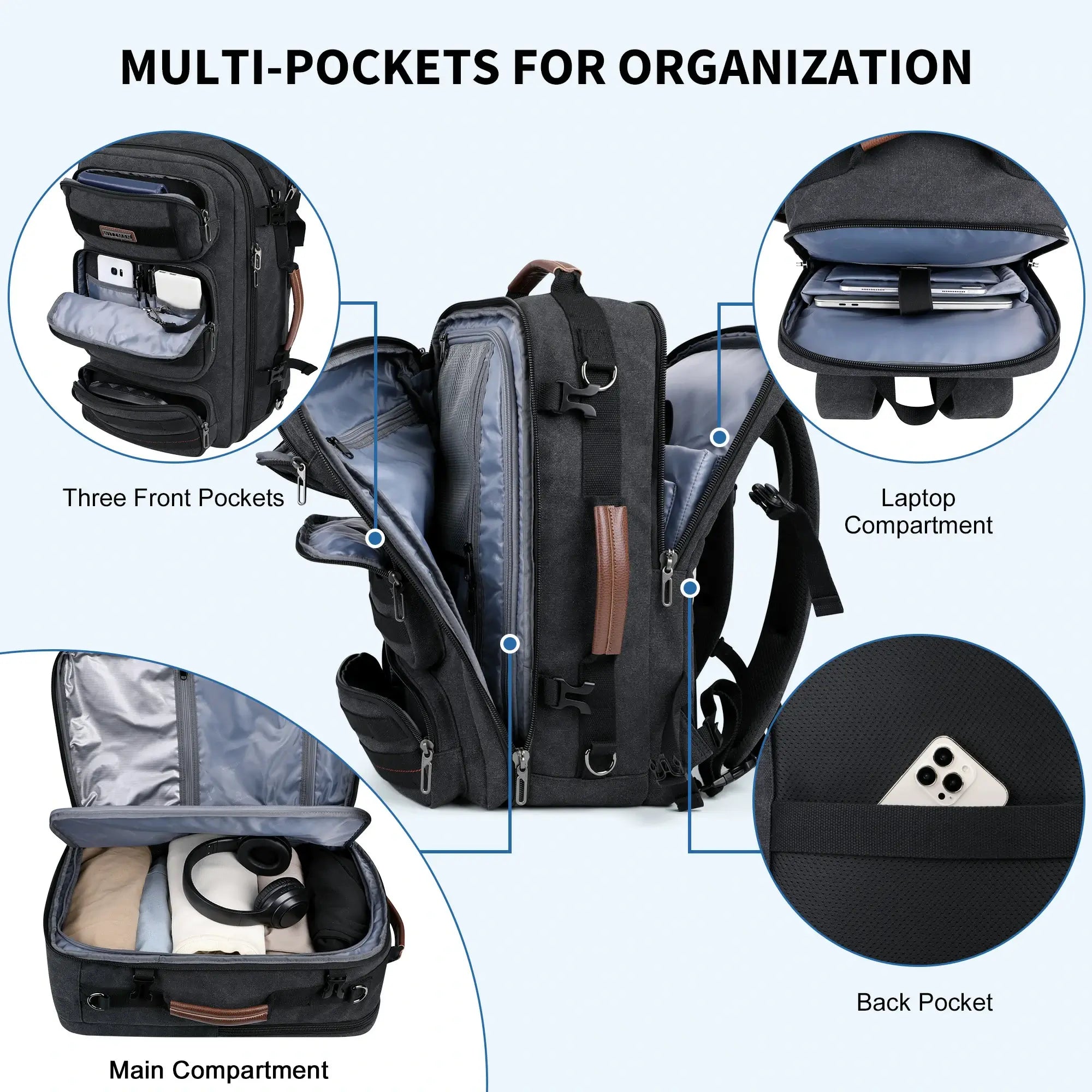 WITZMAN A8023 brown 40L convertible carry-on travel backpack