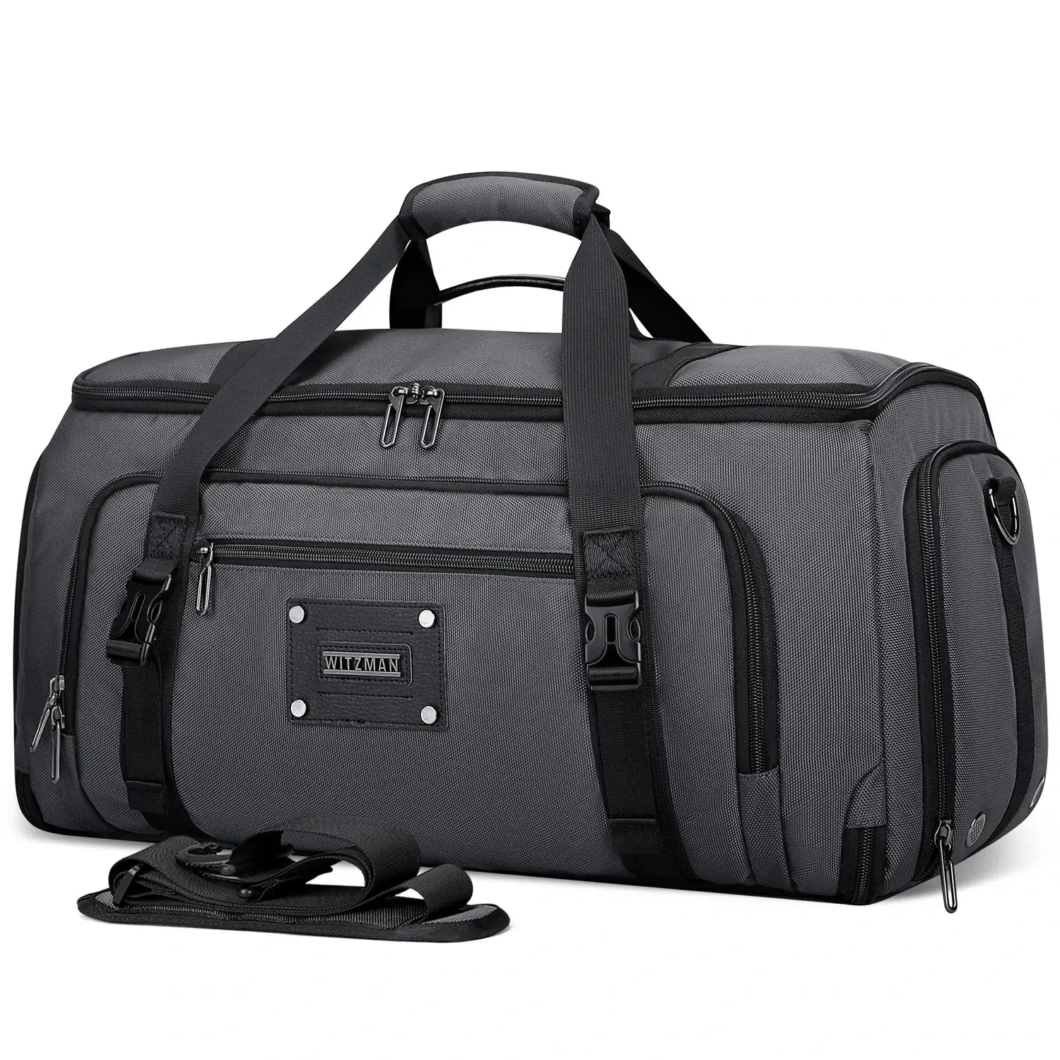 Men’s garment duffle bag with hanging suit compartment sliver grey nylon weekender bag
