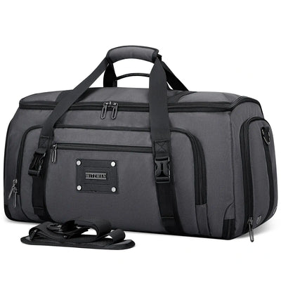 Men’s garment duffle bag with hanging suit compartment sliver grey nylon weekender bag