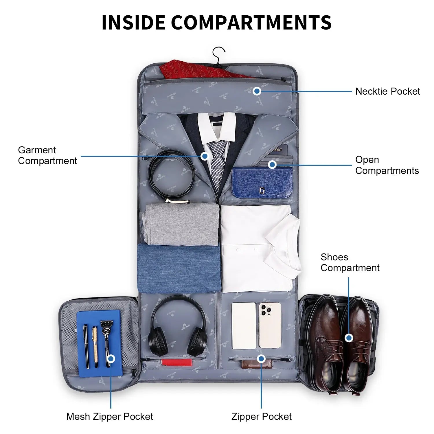 Men’s business travel garment duffle bag INSIDE COMPARTMENTS
