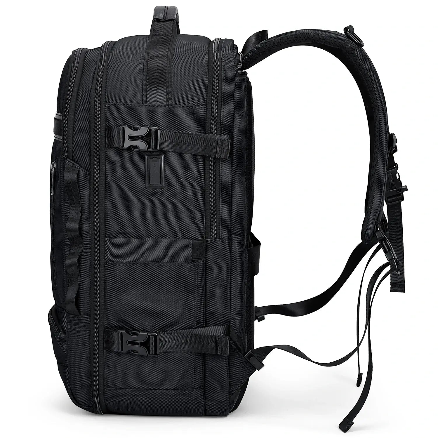 Urban travel backpack for men featuring layered exterior and clean modern styling with usb port