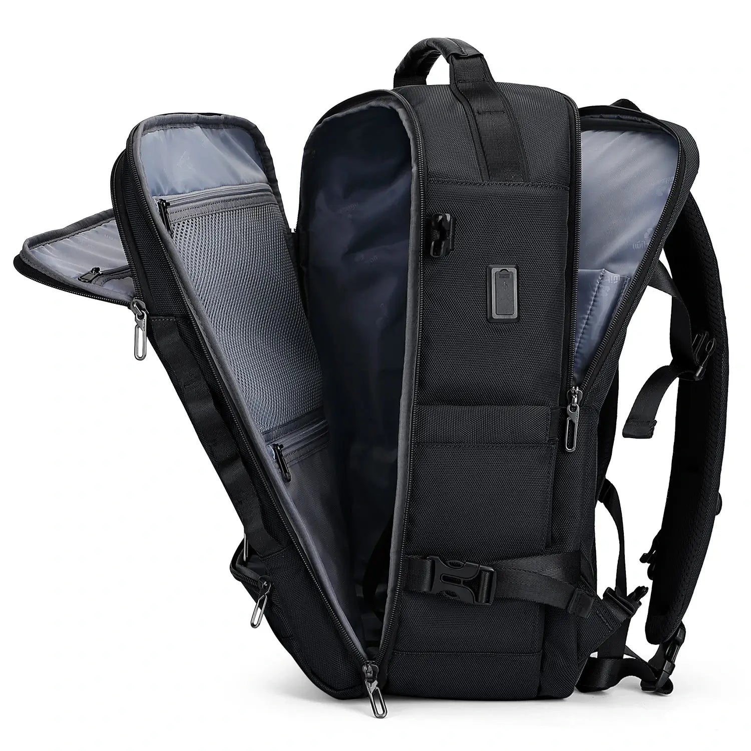 black mens backpack with laptop sleeve B737 38L Premium Nylon Travel WATERPROOF SHOE COMPARTMENT The backpack features a waterproof shoe compartment that keeps your belongings clean and dry Bonobos Rubberized Black Backpack |Urban