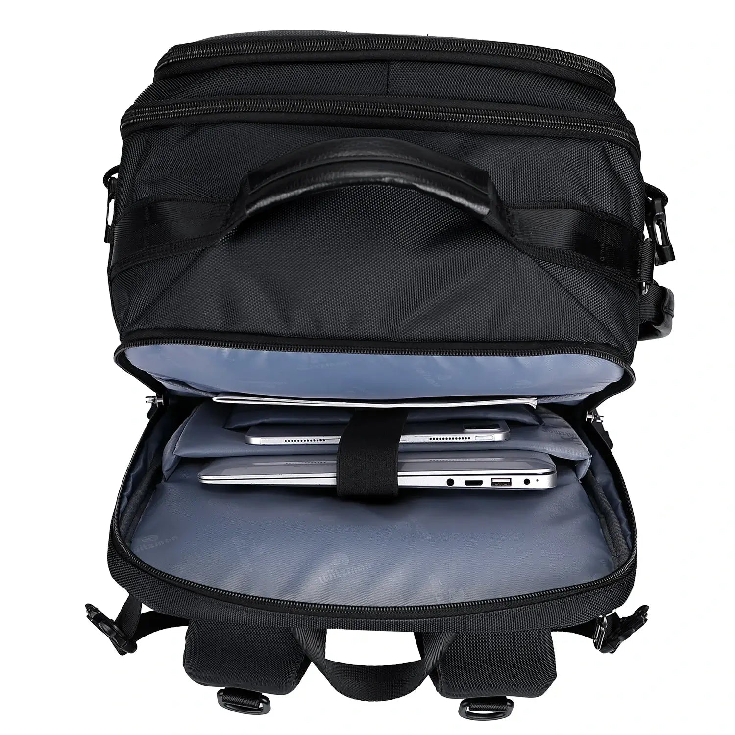 Airline approved carry on backpack with clamshell opening and smart pocket layout laptop bag