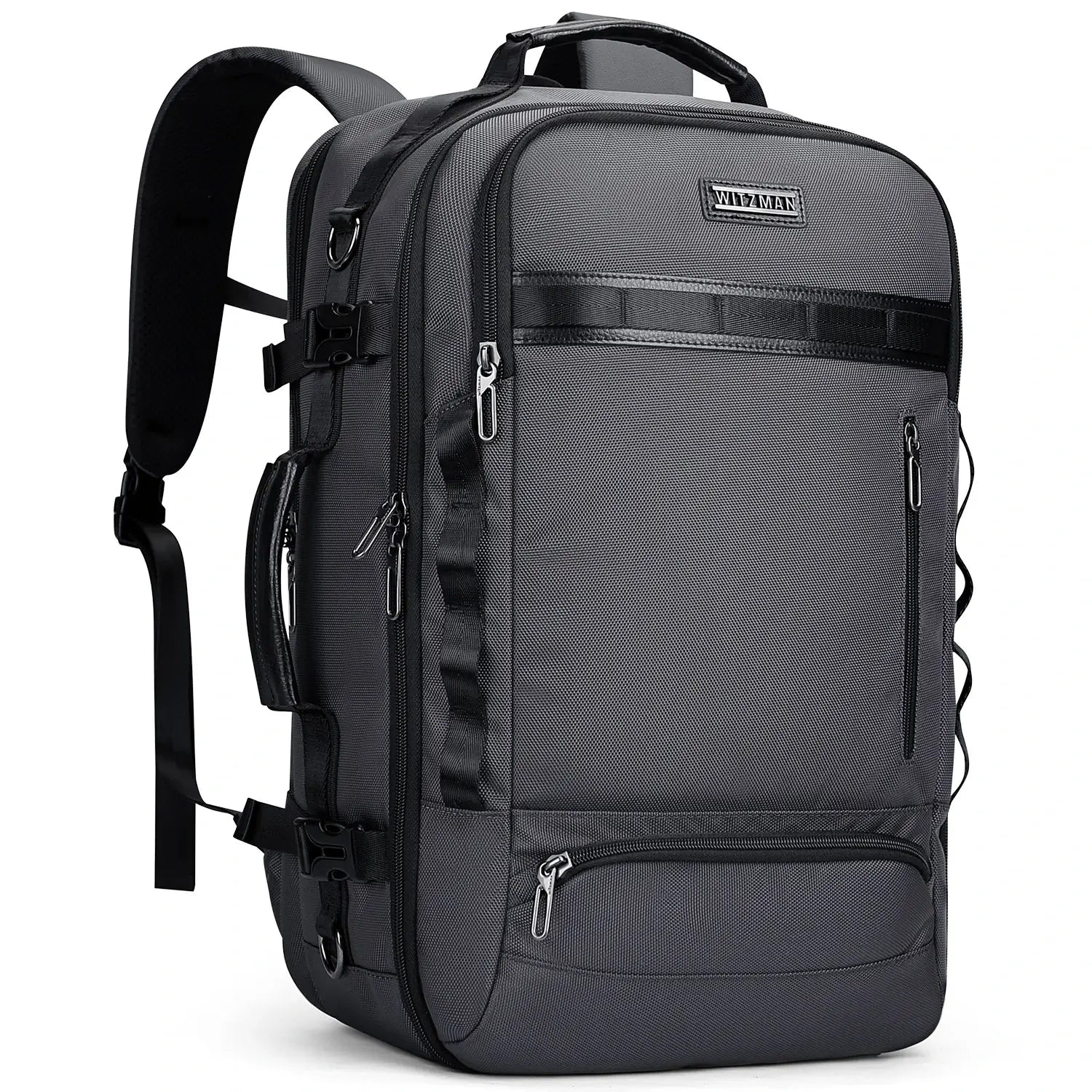 Men’s carry on travel backpack with multi-compartment design and structured silhouette sliver grey nylon