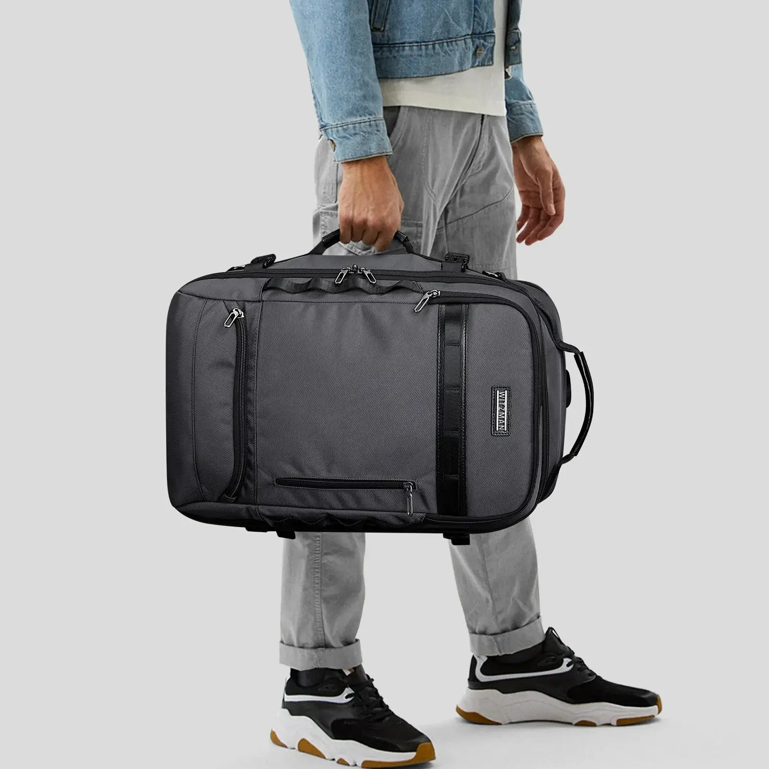 Men’s travel backpack for work and weekend trips with organized interior storage sliver grey nylon tote bag