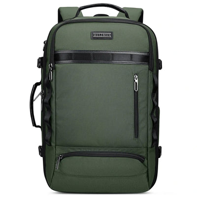 Men’s carry on travel backpack with multi-compartment design and structured silhouette green laptop bag