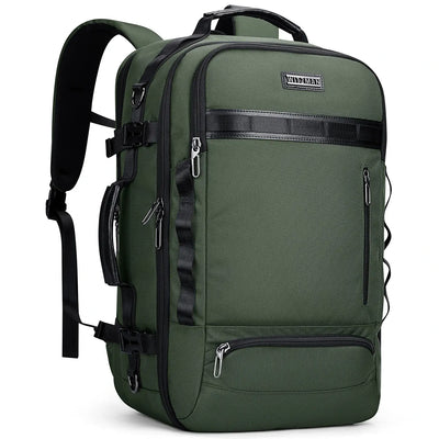 Men’s carry on travel backpack with multi-compartment design and structured silhouette green laptop bag
