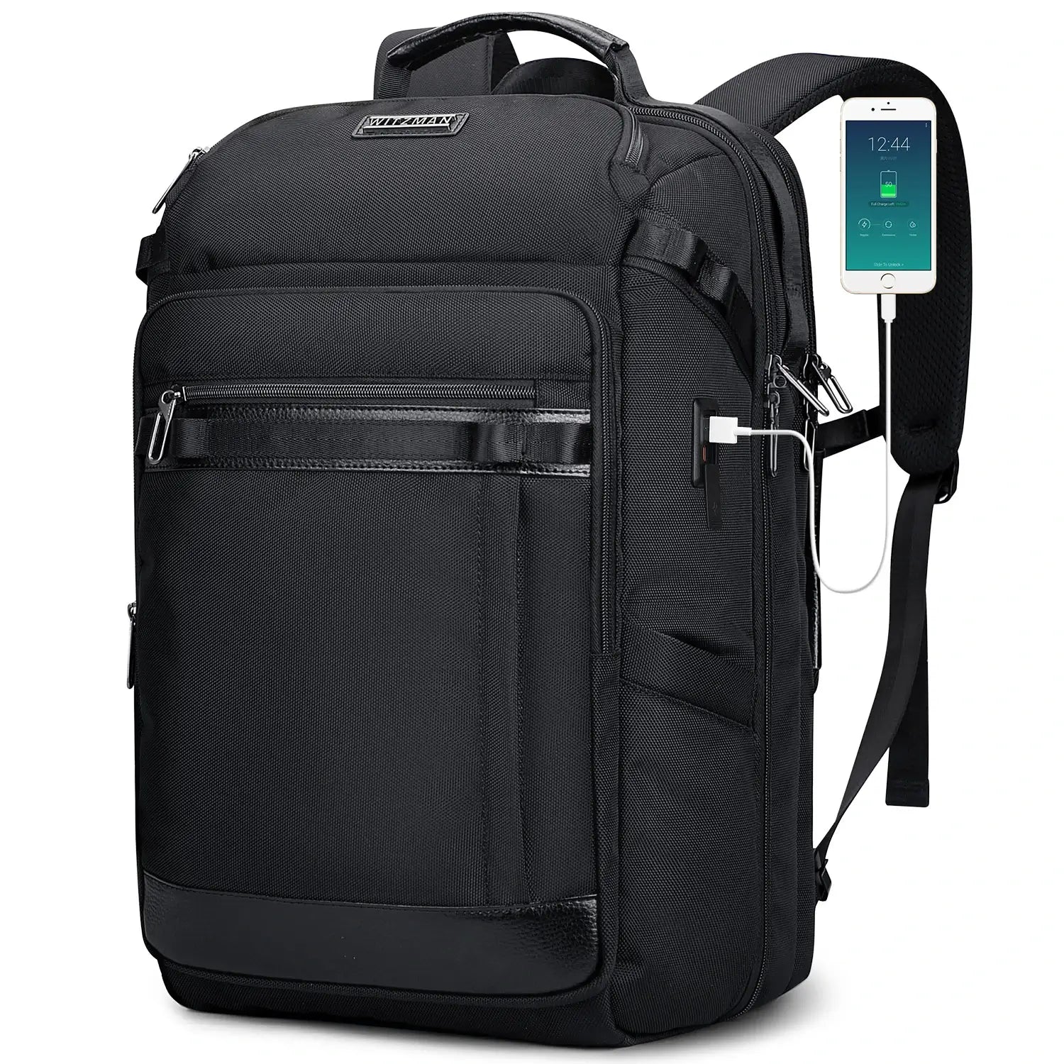 Carry on travel backpack for men with 36L capacity and USB charging port black business nylon backpack