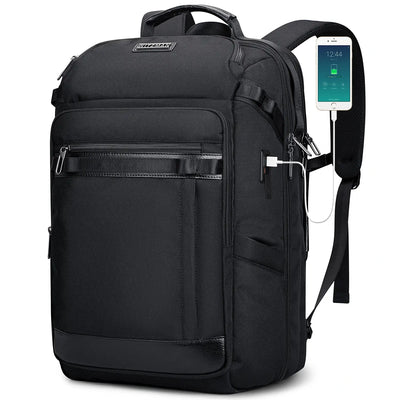 Carry on travel backpack for men with 36L capacity and USB charging port black business nylon backpack