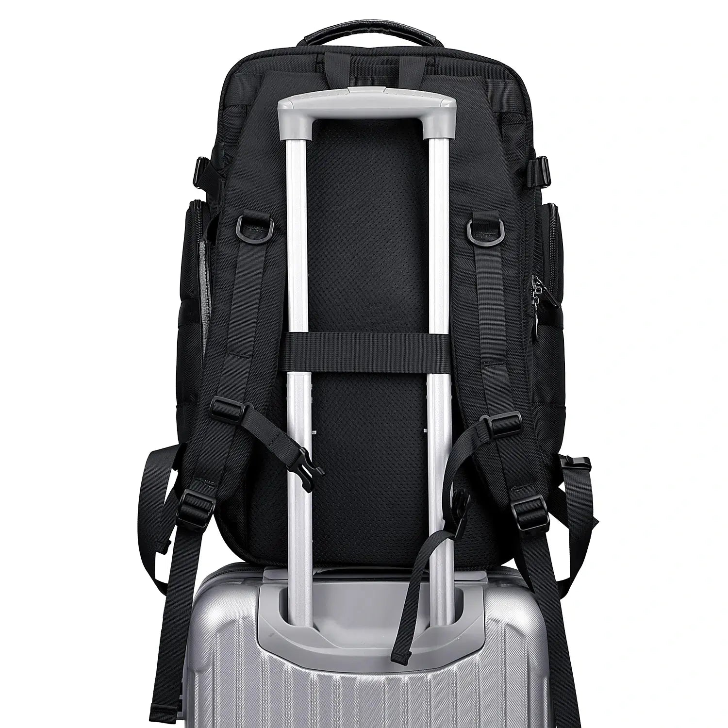 Men’s carry on backpack with multiple compartments and reinforced base luggage strap