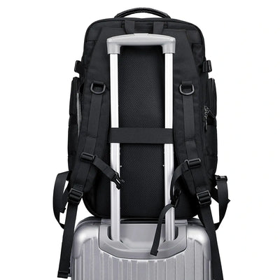Men’s carry on backpack with multiple compartments and reinforced base luggage strap