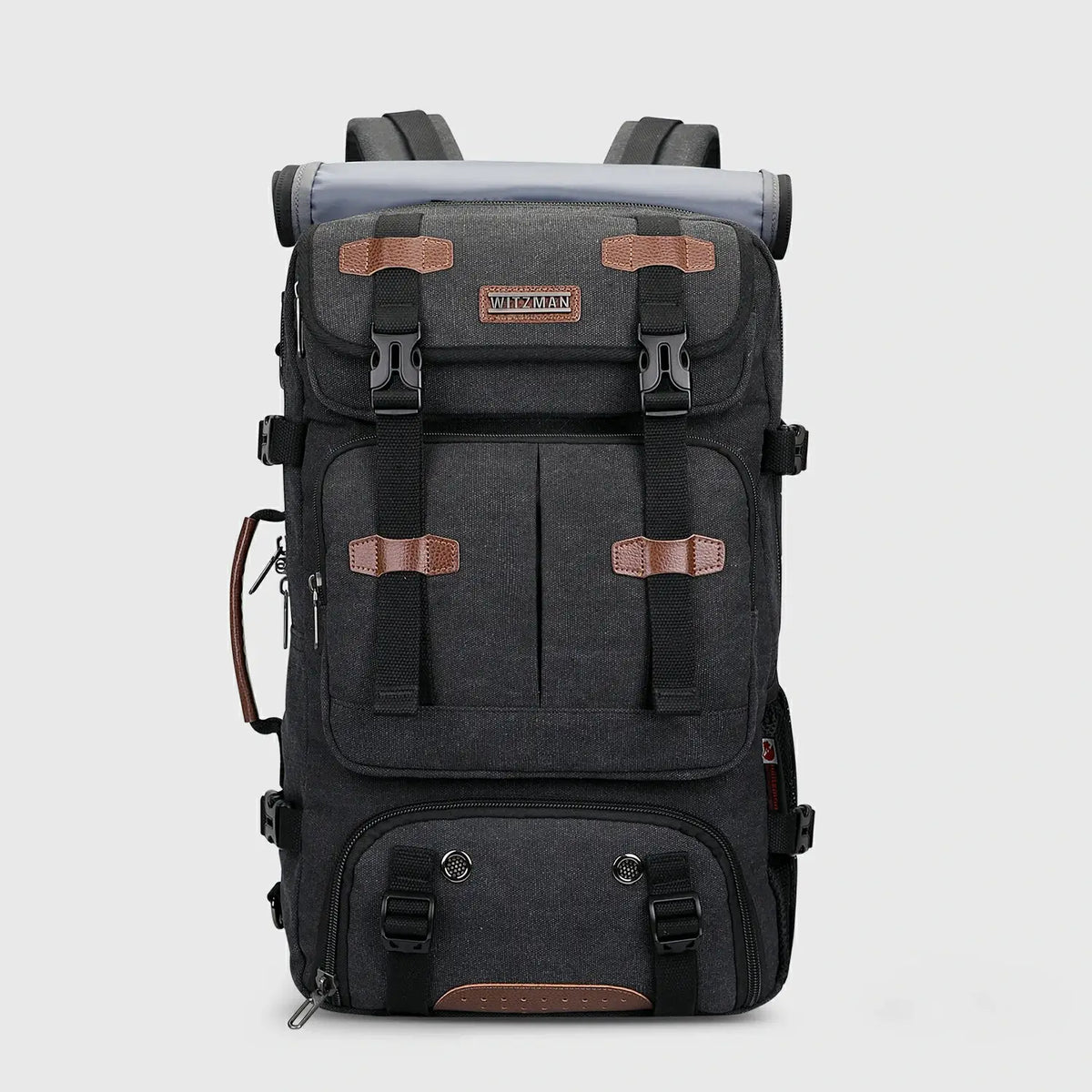 WITZMAN A8013 black canvas travel backpack for men with 45L carry-on capacity and multiple pockets