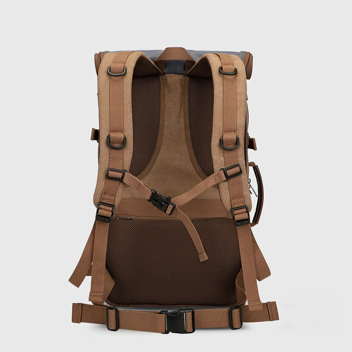 Back view of brown canvas travel backpack with breathable padding, chest strap and waist belt