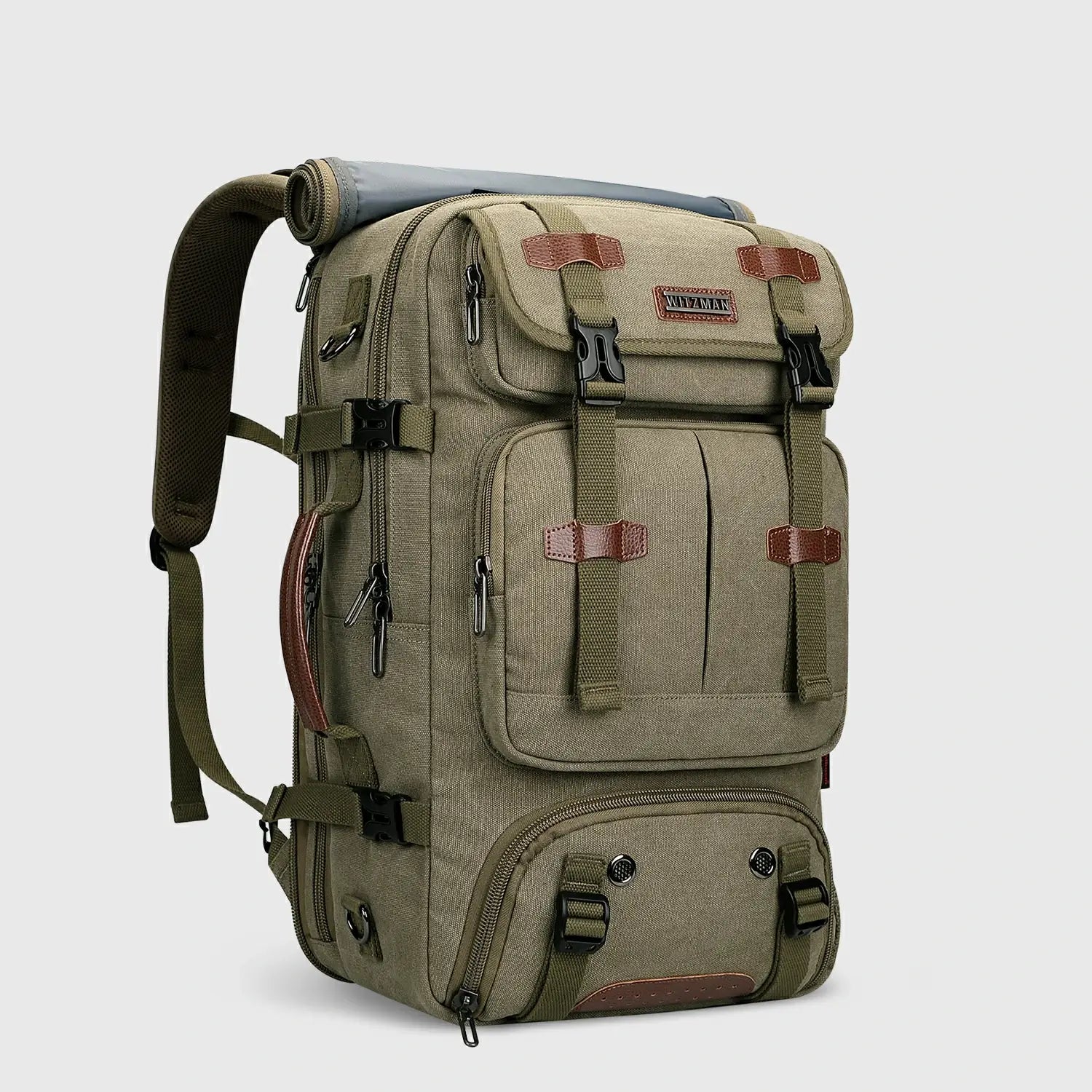 Army green canvas carry-on travel backpack for men shown from the front side angle