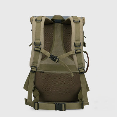 Back view of army green canvas backpack with breathable padding, chest strap and waist belt