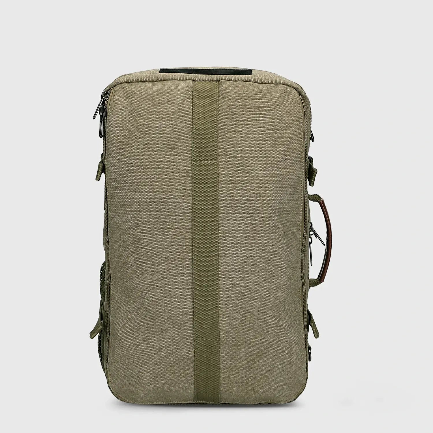 Side profile of WITZMAN army green canvas carry-on backpack with structured 45L design