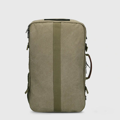 Side profile of WITZMAN army green canvas carry-on backpack with structured 45L design
