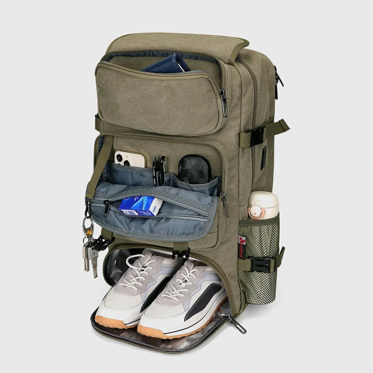Army green carry-on backpack with separate shoe compartment and front storage pockets