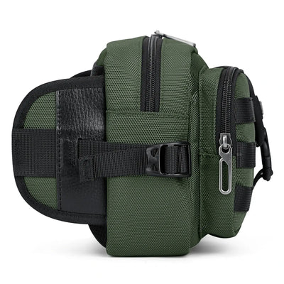 Men’s fanny pack size dimensions and adjustable waistband diagram