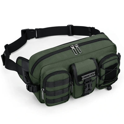 Men’s fanny pack size dimensions and adjustable waistband diagram green bag