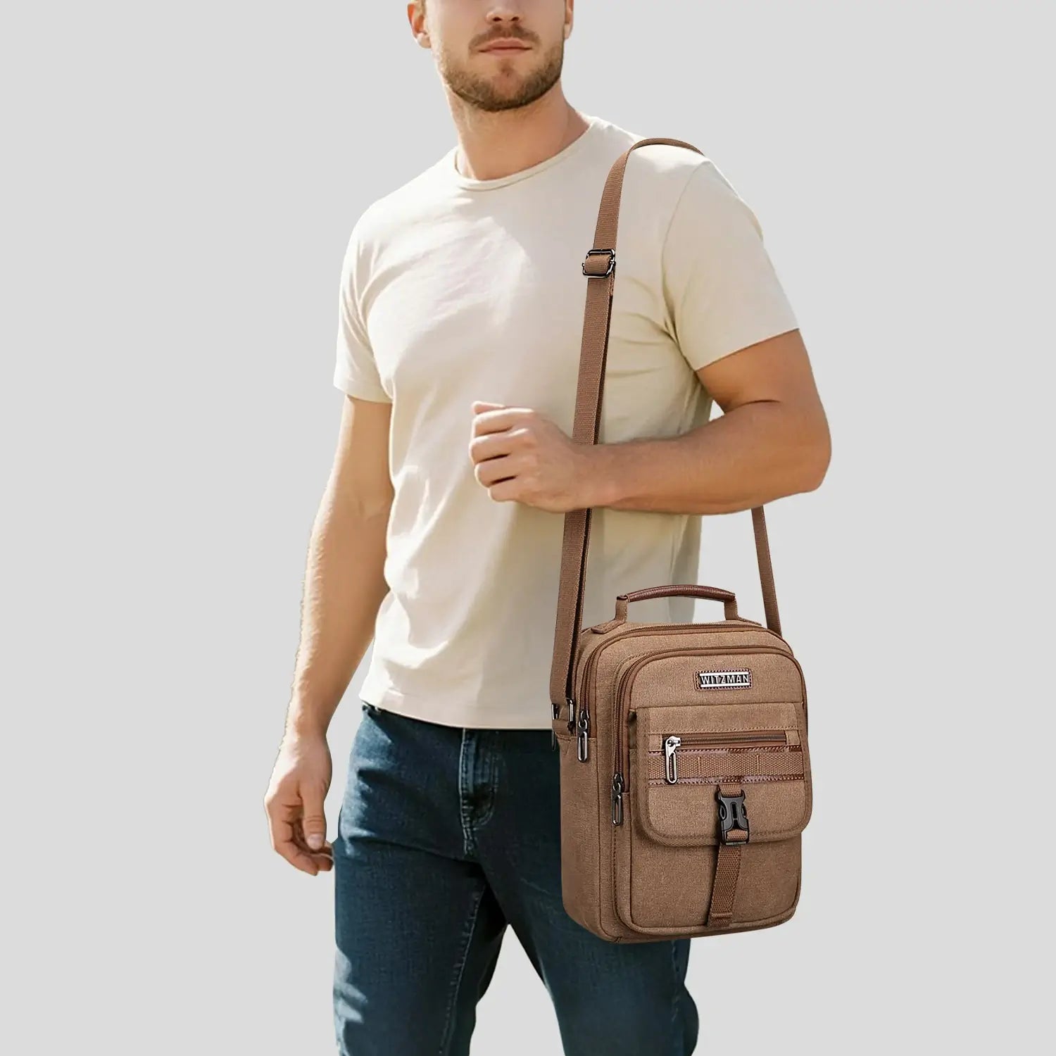 WITZMAN men’s canvas crossbody bag vintage sling messenger satchel with anti-theft pocket for travel and daily use brown