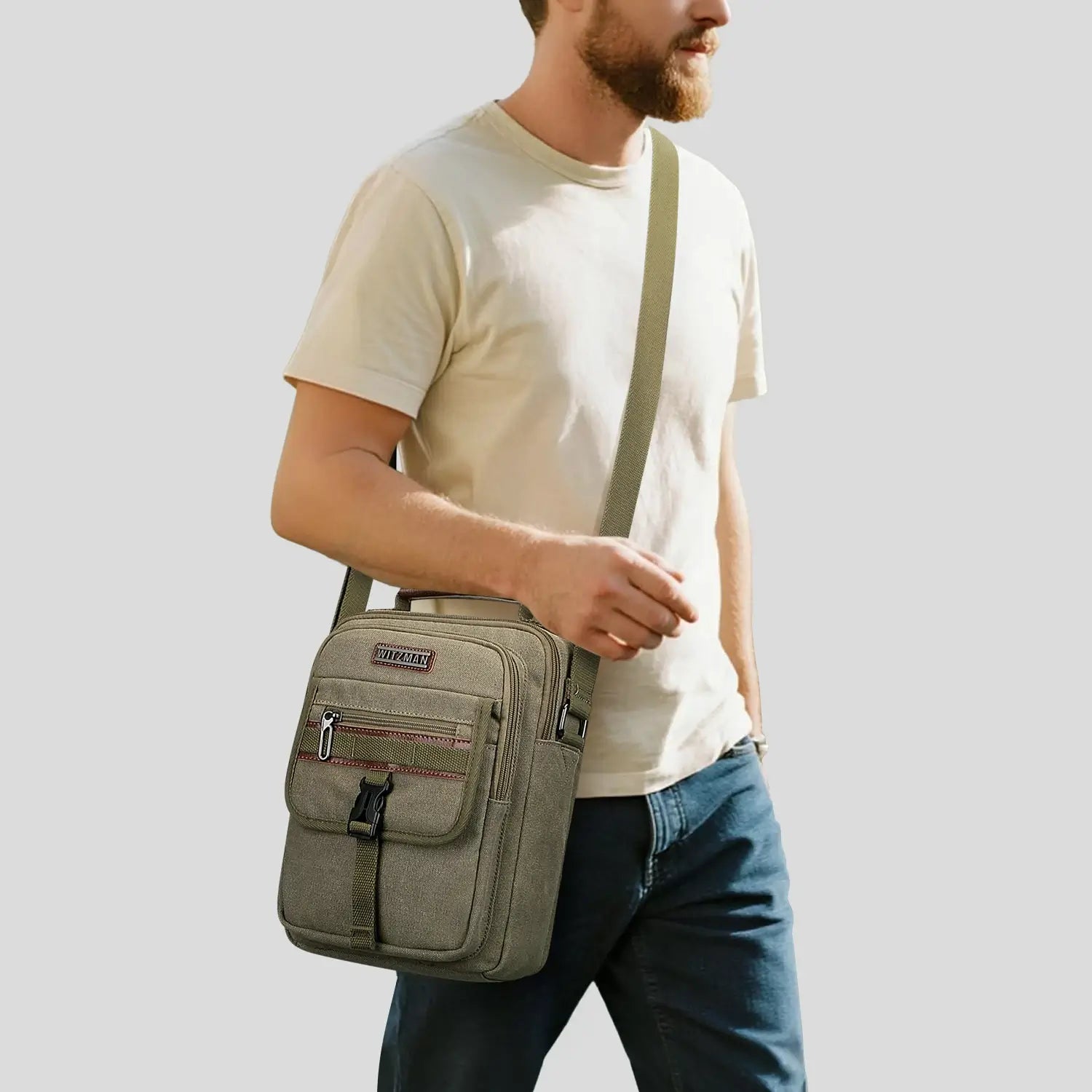 WITZMAN men’s canvas crossbody bag vintage sling messenger satchel with anti-theft pocket for travel and daily use green