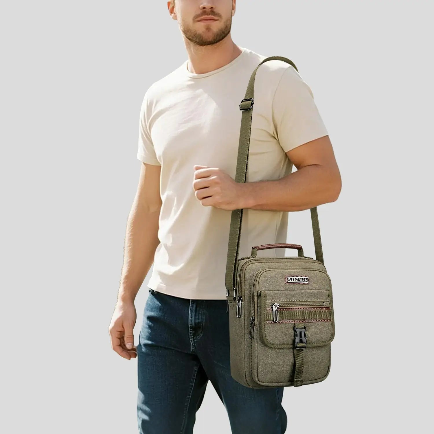 WITZMAN men’s canvas crossbody bag vintage sling messenger satchel with anti-theft pocket for travel and daily use green