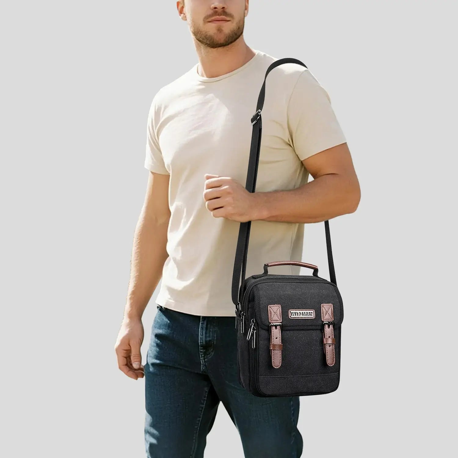 WITZMAN men’s canvas crossbody bag vintage sling messenger satchel for travel and everyday carry black bags