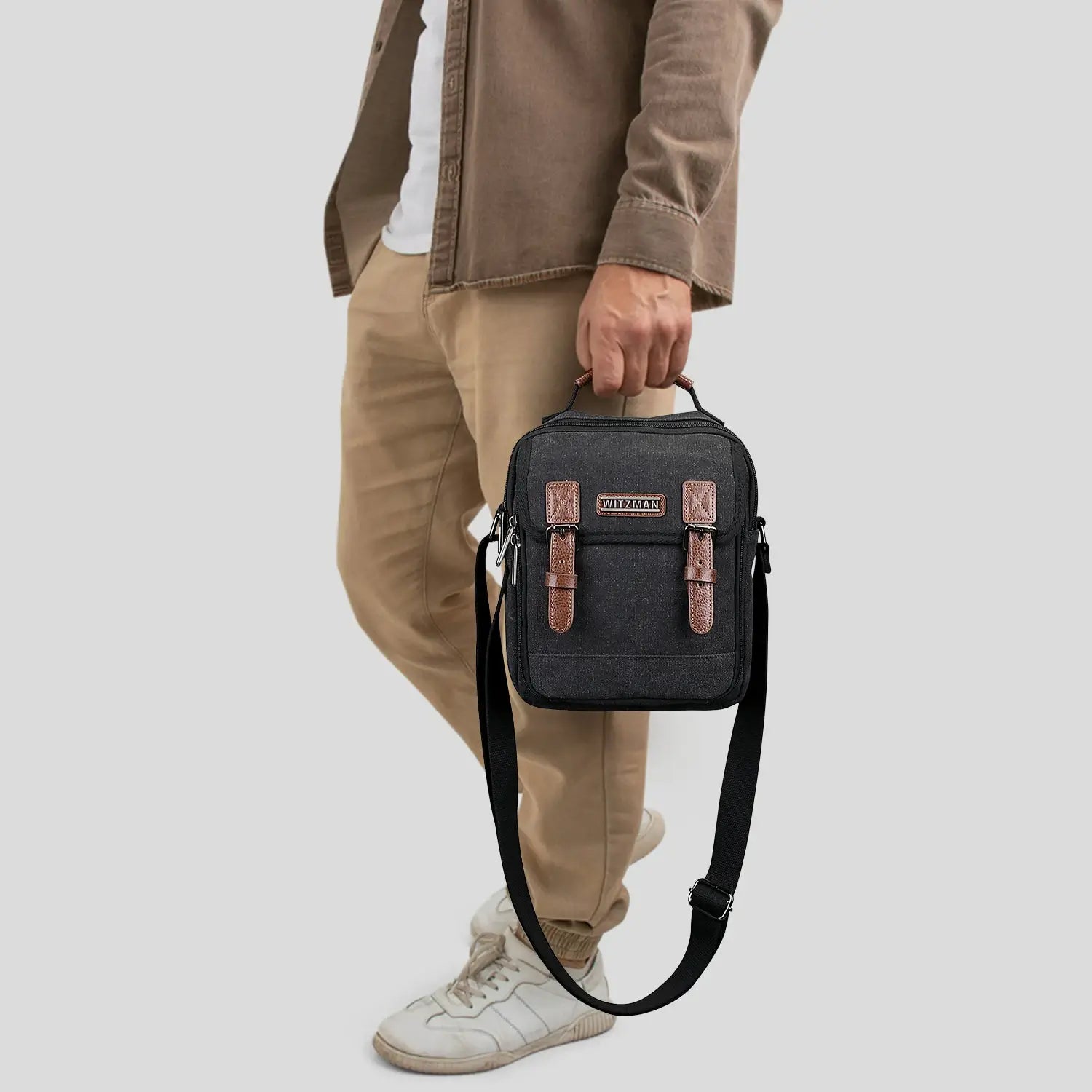 WITZMAN men’s canvas crossbody bag vintage sling messenger satchel for travel and everyday carry black bags